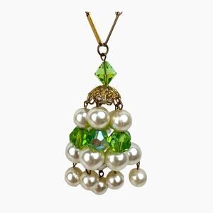 Vintage Aurora Borealis Necklace Tassel Pendant Green Beads White Ball Bar Links